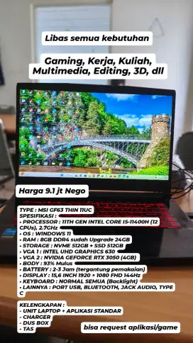 Laptop Gaming MSI GF63 Thin 11UC Core i5-11400H RAM 24GB VGA RTX 3050