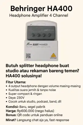 Butuh splitter headphone buat live bareng ?
Behringer HA400 solusinya!