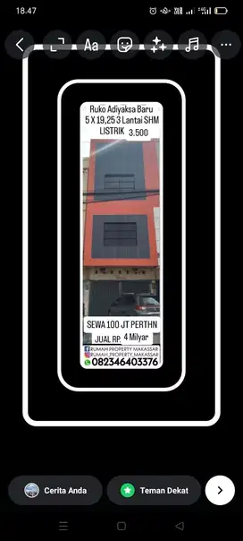 Dijual atau Disewakan  Ruko Adiyaksa Baru  5 X 19,25 3 Lantai Sewa