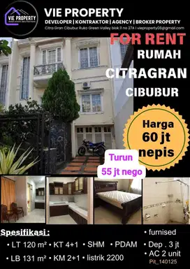 Di Sewakan Rumah Furnish Cluster Favorite. CitraGran Cibubur.