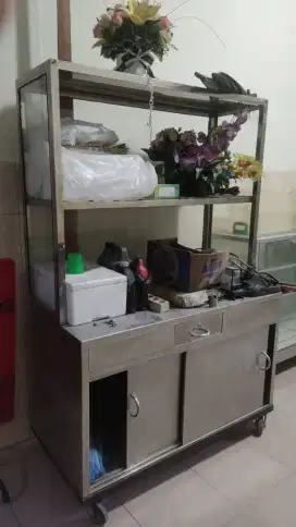 Steling stainless stell, meja kompor, kursi dan meja makan