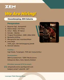 Loker Housekeeping ZEN Family Spa & Reflexology Jakarta, KebayoranBaru