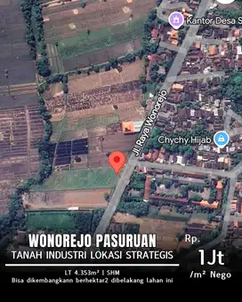 JUAL TANAH RAYA WONOREJO PASURUAN DEKAT PABRIK MAYORA POCARI SHM MURAH