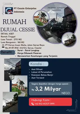 DIJUAL MURAH RUMAH JLN SARUA RAYA - VIA CESSIE