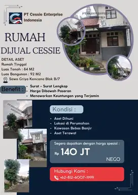 DIJUAL MURAH RUMAH SAWO GRIYA KENCANA - VIA CESSIE