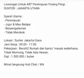 Dibutuhkan ART pulang pergi sunter
