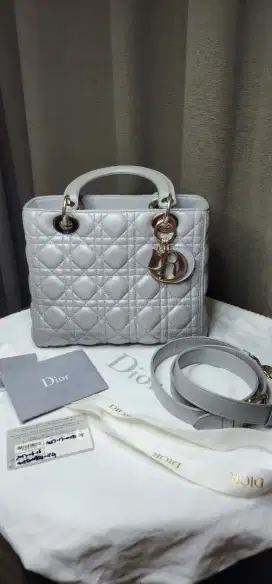 Handbag LADY DIOR original Pearl Grey 2017. Complete set. TERMURAH!