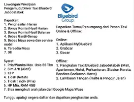 Lowongan Pekerjaan 
Pengemudi/Driver Taxi Bluebird Jabodetabek