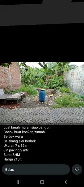 Tanah luas 84 m2 harga 210 juta di Berbek,Waru, Sidoarjo