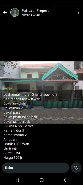 Rumah luas 78 m2 harga 725 juta di Rewwin Waru,  Sidoarjo