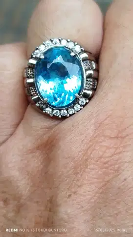 Batu blue topaz Swiss 9.46 carat memo MRI ring perak top kristal