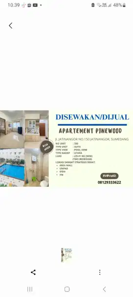 DIJUAL DAN DISEWAKAN APARTEMENT PINEWOOD JATINANGOR