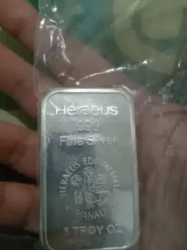 Jual perak batangan murni 99.9% Heraeus 5 troy oz =155.5 gram