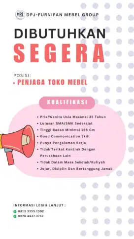 Lowongan pekerjaan jaga toko furniture/mebel