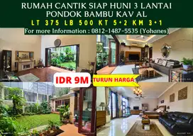 Jual Cepat Rumah Cantik siap huni 375mtr 3 lantai Pondok Bambu Kav AL