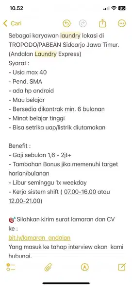 Dibutuhkan segera pegawai laundry