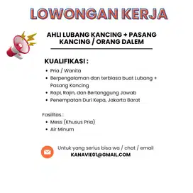 Lowongan Kerja Loker Ahli Lubang Kancing + Pasang Kancing/Orang Dalem