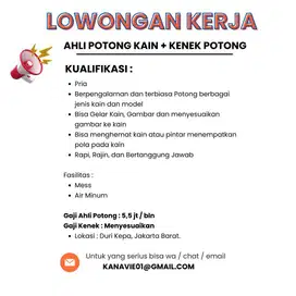 Lowongan Kerja Loker Ahli Potong Kain dan Kenek Potong -Jahit Penjahit