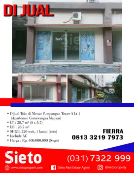 Dijual Toko di Menur Pumpungan Tower A Lt 1 (Apartemen Gunawangsa)