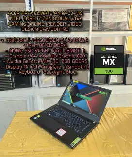 LAPTOP GAMING ACER NVIDIA MX130
LAPTOP DESIGN EDITING LAPTOP CODING
