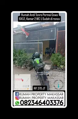 Rumah Andi Tonro Permai Gowa 6X12, Kamar 2 WC 1 Sudah di renov Rp. 370