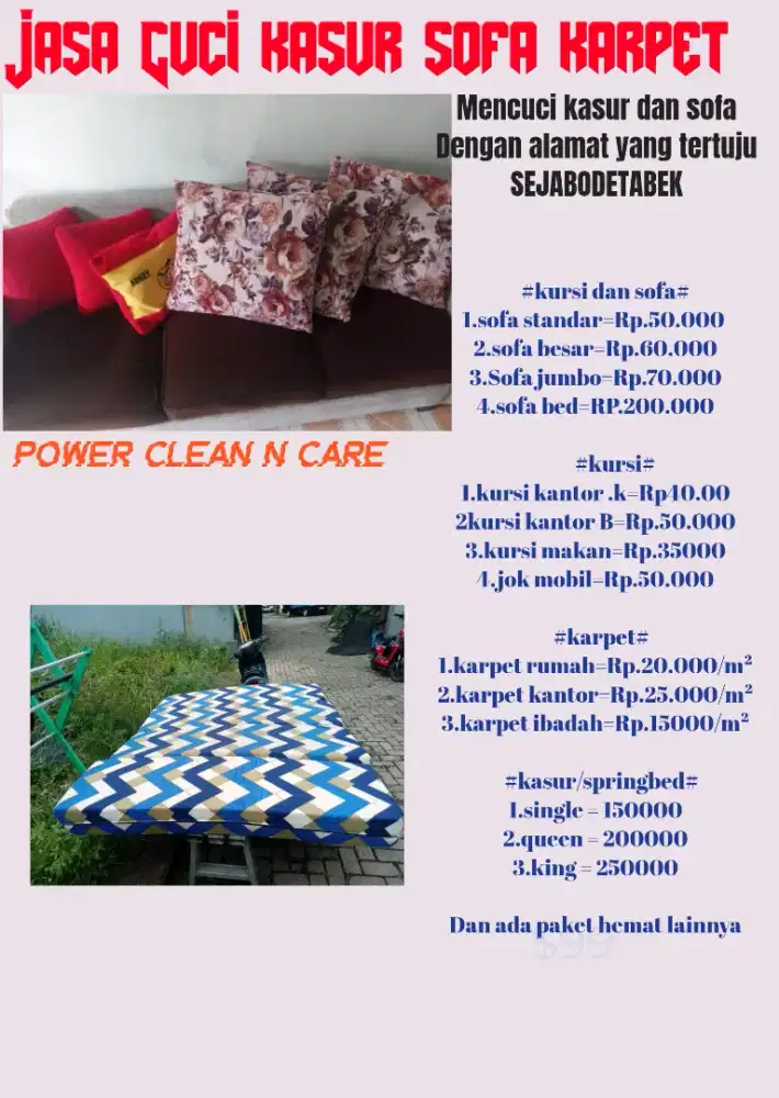 Cuci sofa kasur/springbed jok mobil karpet