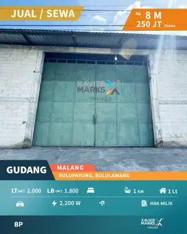 Dijual/Disewakan Gudang Super Strategis Bulupayung Bululawang,Malang