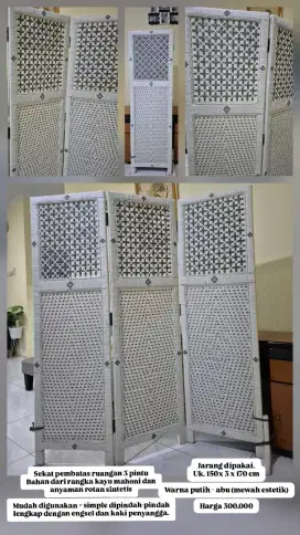 Sekat ruangan rotan 3 pintu warna putih abu