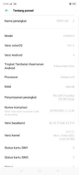 Jual cepet  HP Oppo A31 RAM 4