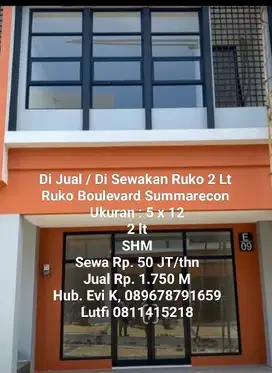 Di Sewakan Ruko Boulevard Summarecon 2 lt