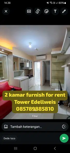 For rent apartemen type 2 bedroom tower edellweis
