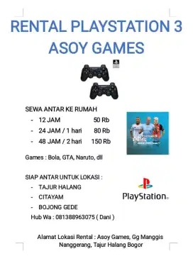 RENTAL SEWA PLAYSTATION 3 SIAP ANTAR KE RUMAH