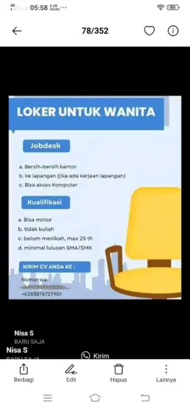 LOKER UTK WANITA BISA KOMPUTER & MOTOR