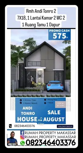Perumahan Andi Tonro 7X18, 1 Lantai Kamar 2  Kamar Mandi 2 1 R Tamu