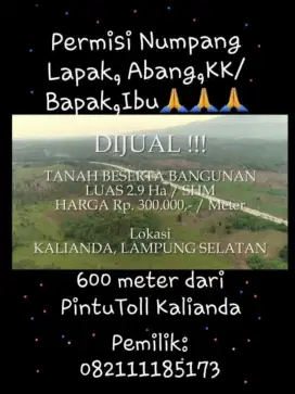 Dijual Tanah 500mtr dari pintu toll Kalianda,Lampung Selatan