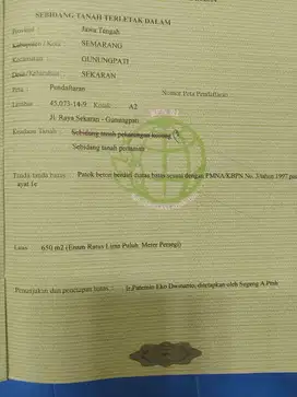 Di jual Tanah Nempel jln Raya Sekaran Unnes  Gunungpati