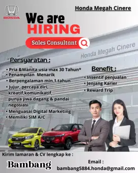 Dibutuhkan Sales Consultan Honda Pria/Wanita