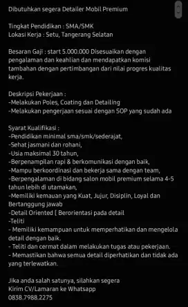 Dibutuhkan detailer khusus salon mobil premium