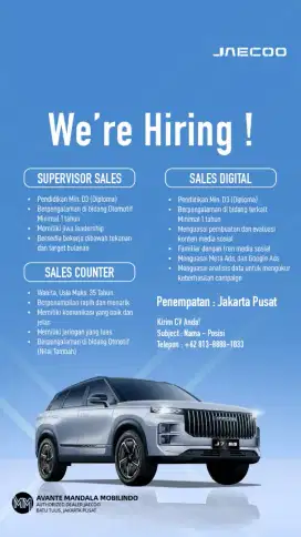 We Are Hiring Supervisor, Sales Counter dan Sales Consultant Digital