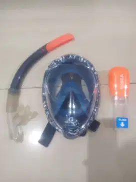 Masker snorkeling permukaan air easy breath motif oyster Turquoise