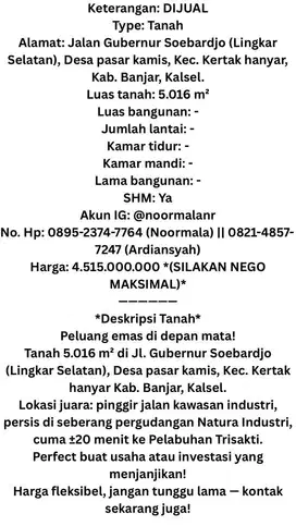 Tanah SHM 5.016m² Strategis harga murah (SILAKAN NEGO SEPUASNYA)