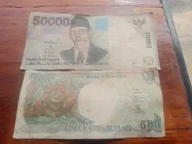 Uang Kuno 50 ribu tahun 1999 dan uang 500 rupiah orang utan tahun 1992