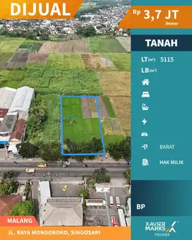 Properti Langka Dijual Tanah di Poros Jalan Mondoroko Singosari Malang