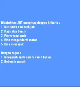 Dibutuhkan ART wanita