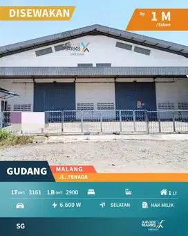 Disewakan Gudang Luas Siap Pakai di Area Tenaga Blimbing Malang