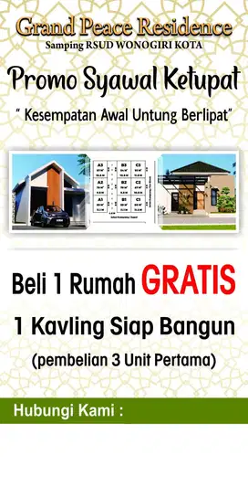 Beli 1 Unit Rumah Bonus Kavling Siap Bangun