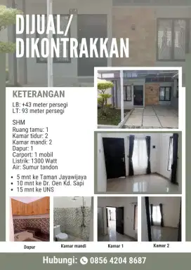 Disewakan/dijual Perumahan Cluster dekat Mojosongo, Solo