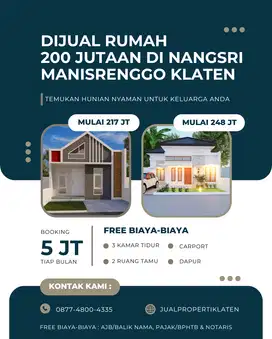 dijual rumah minimalis murah di Klaten hanya 200 jutaan dalam cluster