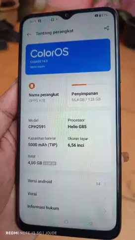 Oppo A18 100% mulus, pemakaian 1 thn masih segel no minus siap pakai.