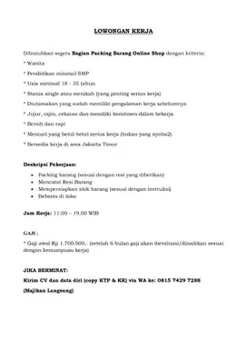 BAGIAN PACKING DI TOKO ONLINE SHOP
